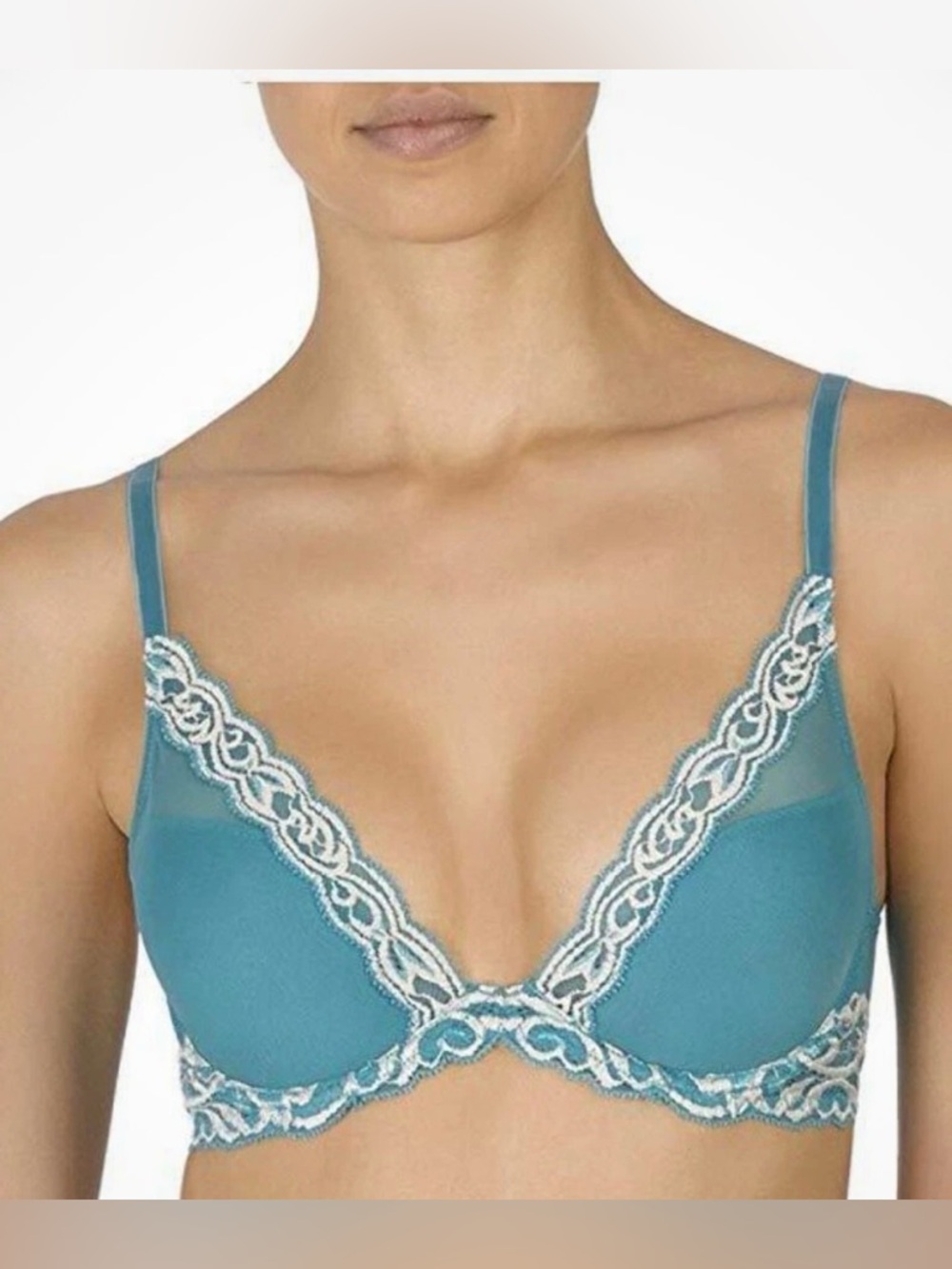 NWOT NATORI 730023 FEATHERS CONTOUR PLUNGE BRA TEAL  LACE 38DD